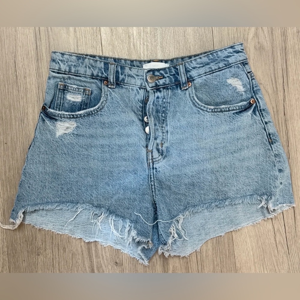 High-Rise Light Blue Distressed Denim Shorts